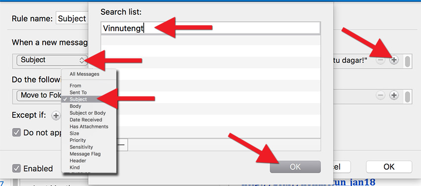 Select the plus sign (+); then select "Subject" in the dropdown menu on the left. Type the word and click "OK":