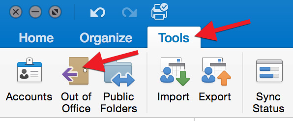 Select the "Tools" tab, followed by "Out of Office":