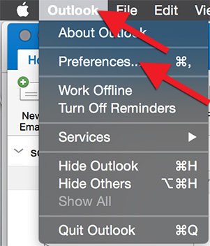 Click "Outlook" in the top left corner. Select "Preferences"