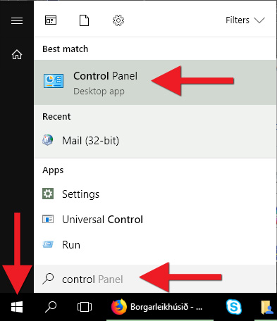 Click the Windows icon at the bottom left and start typing "Control Panel"